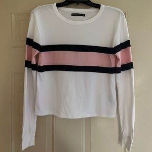 Abercrombie & Fitch long sleeve tee with navy blue and pink stripe.